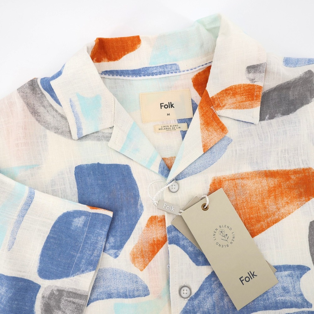 NEW Folk Palcont Abstract Linen Blend Button Down Shirt Short Sleeve Mens Medium
